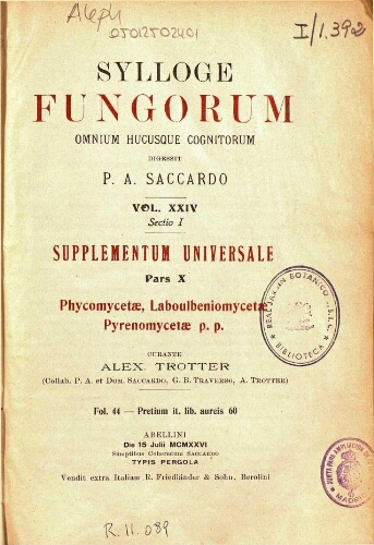 Sylloge fungorum [...] Vol. XXIV Sectio I