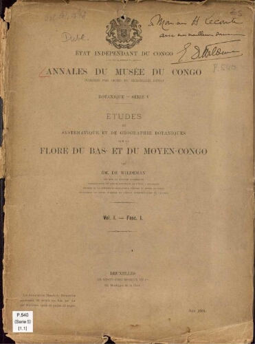Annales du Musée du Congo (Belge). Série V. Botanique. Vol. I -- Fasc. 1