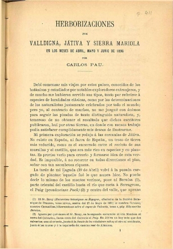 Herborizaciones por Valldigna, Játiva y Sierra Mariola, en los meses de abril, mayo y junio de 1896