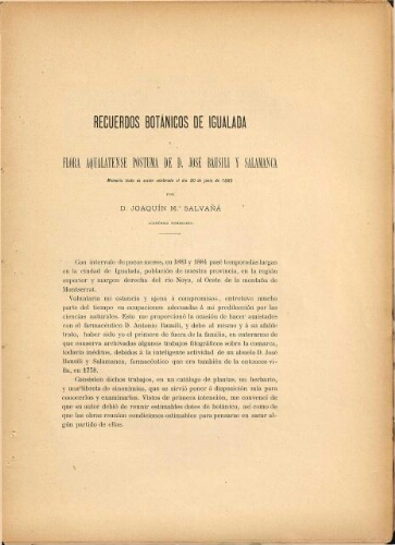 Recuerdos botánicos de Igualada y flora Agualatense póstuma de D. José Bausili y Salamanca