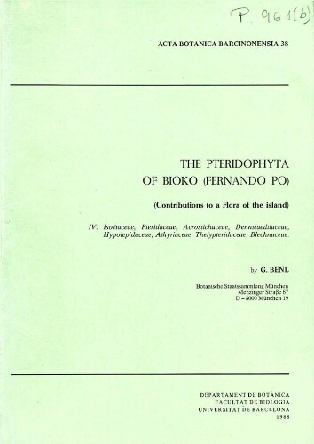 The pteridophyta of Bioko (Fernando Po) (contributions to a Flora of the island). IV: Isoëtaceae, Pteridaceae, Acrostichaceae, Dennstaedtiaceae, Hypolepidaceae, Athyriaceae, Thelypteridaceae, Blechnaceae