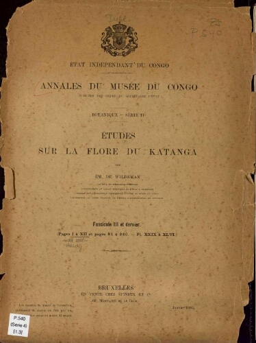 Annales du Musée du Congo (Belge). Série IV. Botanique. Tome I -- Fasc. 3 et dernier