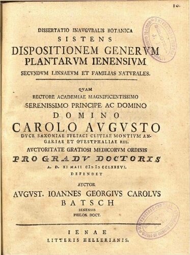 Dissertatio inauguralis botanica sistens dispositionem generum plantarum Jenensium