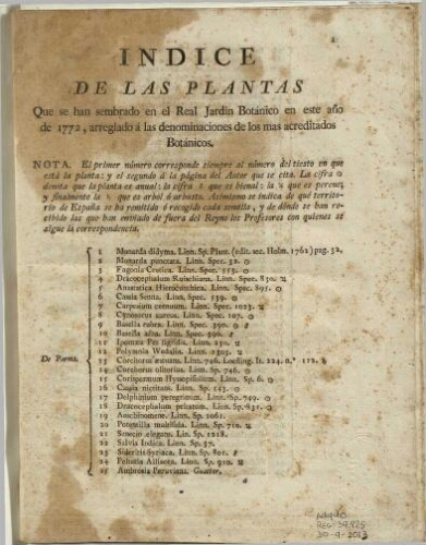 Indice de las plantas que se han sembrado en el Real Jardin Botánico en este año de 1772
