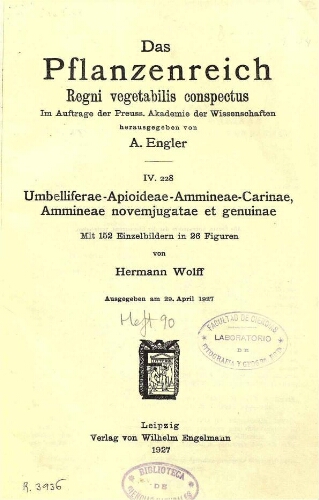 Umbelliferae-Apioideae-Ammineae-Carinae, Ammineae novemjugatae et genuinae. In: Engler, Das Pflanzenreich [...] [Heft 90] IV. 228