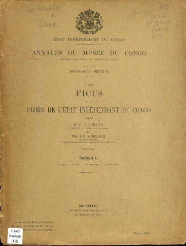 Annales du Musée du Congo (Belge). Série VI. Botanique. Tome I -- Fasc. 1