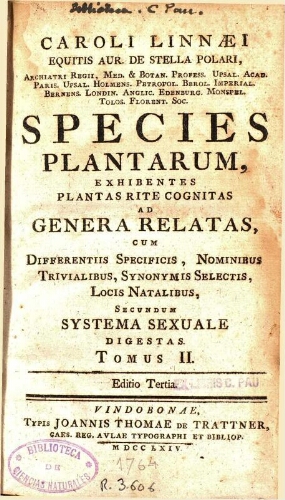 Species plantarum [...] Editio Tertia. Tomus II