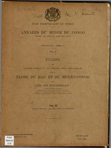 Annales du Musée du Congo (Belge). Série V. Botanique. Vol. II -- Fasc. 3
