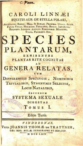 Species plantarum [...] Editio Tertia. Tomus I