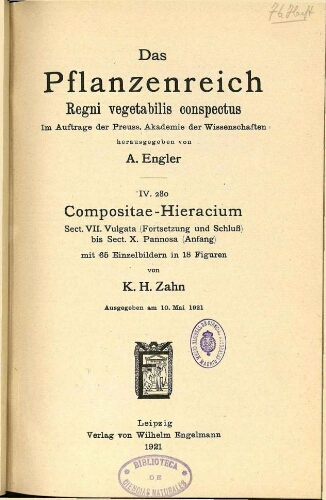 Compositae-Hieracium. Sect. VII. Vulgata (Fortsetzung und Schluss) bis Sect. X. Pannosa (Anfang). In: Engler, Das Pflanzenreich [...] [Heft 76] IV. 280
