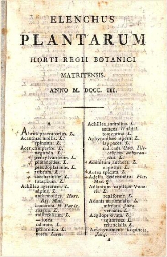Elenchus Plantarum Horti Regii Botanici Matritensis. Anno M.DCCC.III