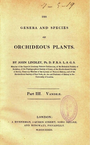 The genera and species of orchidaceous plants [...] Part III. Vandeae