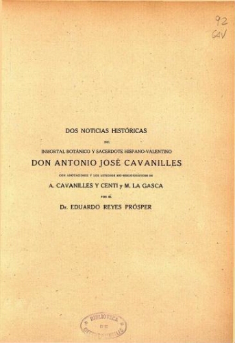 Dos noticias históricas del inmortal botánico y sacerdote hispano-valentino Don Antonio José Cavanilles
