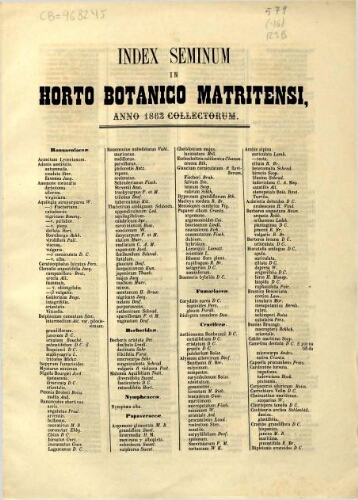 Index seminum in Horto Botanico Matritensi ... 1862