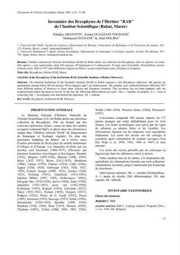 Inventaire des Bryophytes de l'Herbier "RAB" de l'Institut Scientifique (Rabat, Maroc)