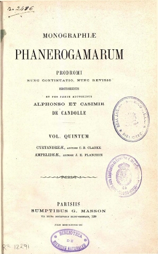 Monographiae phanerogamarum [...] Vol. quintum. Cyrtandreae [...] Ampelideae