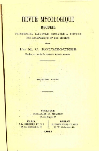 Revue mycologique [...] Troisième année 1881