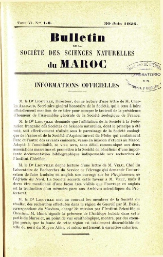 Bulletin de la Société des sciences naturelles du Maroc. T. 6