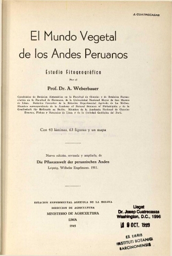 El mundo vegetal de los andes peruanos [...] Nueva edición