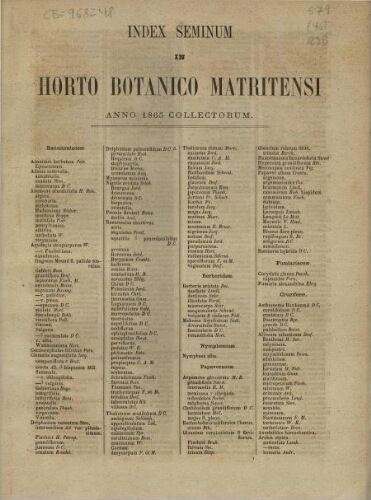 Index seminum in Horto Botanico Matritensi ... 1865
