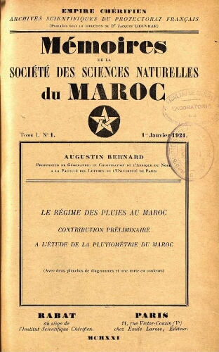Mémoires de la Société des sciences naturelles du Maroc. T. 1, no. 1