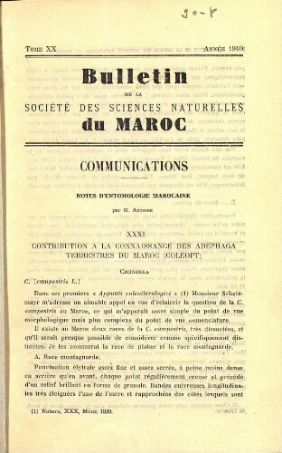 Bulletin de la Société des sciences naturelles du Maroc. T. 20