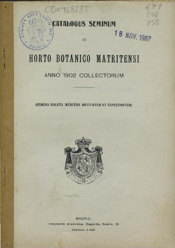 Index seminum in Horto Botanico Matritensi ... 1902