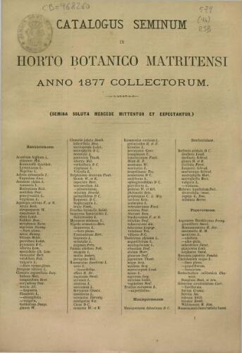 Index seminum in Horto Botanico Matritensi ... 1877