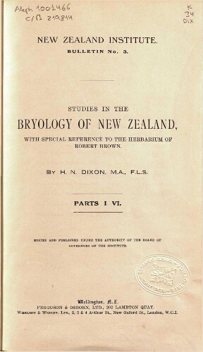 Studies in the bryology of New Zealand