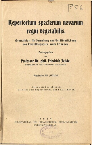 Repertorium specierum novarum regni vegetabilis [...] Fasciculus XIX (1923/1924)