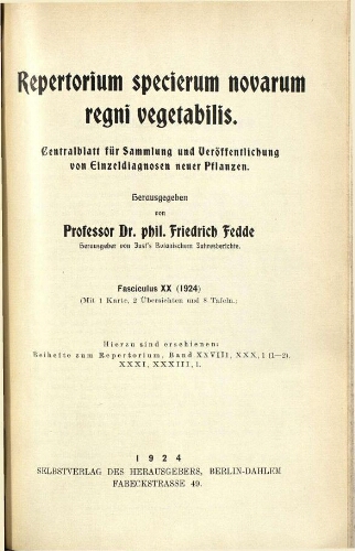 Repertorium specierum novarum regni vegetabilis [...] Fasciculus XX (1924)