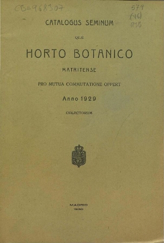 Index seminum in Horto Botanico Matritensi ... 1929