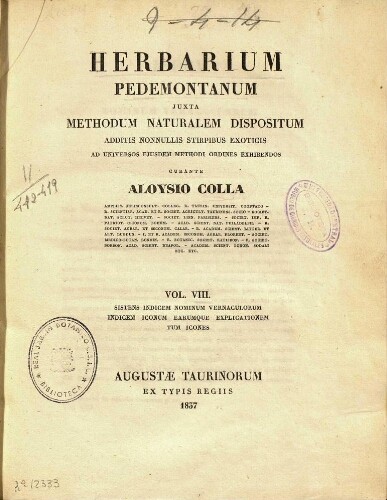 Herbarium Pedemontanum [...] Vol. VIII