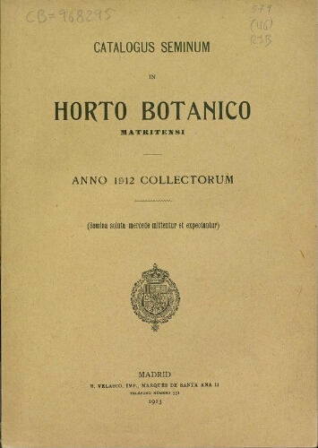 Index seminum in Horto Botanico Matritensi ... 1912