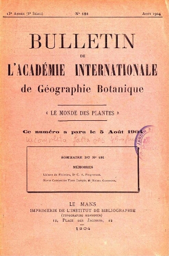 Bulletin de l'Académie internationale de Géographie Botanique. [...] [Tome XIV], 13e Année (3e Série)