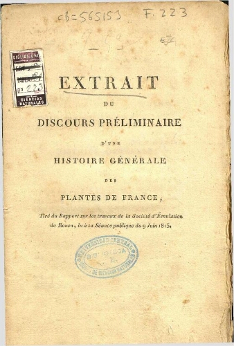 Extrait du discours préliminaire d'une histoire générale des plantes de France