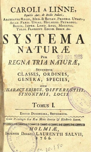 Systema naturae [...] Tomus I. Editio duodecima ; [Regnum animale]