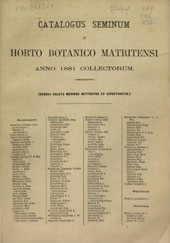 Index seminum in Horto Botanico Matritensi ... 1881