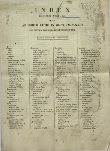 Index seminum Horto Regio in Boccadifalco ... 1825