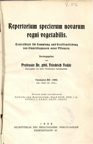 Repertorium specierum novarum regni vegetabilis [...] Fasciculus XXI (1925)