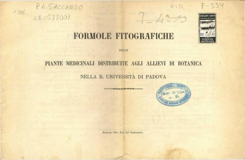 Formole fitografiche delle piante medicinale distribute agli allievi di botanica nella R. Universitá di Padova