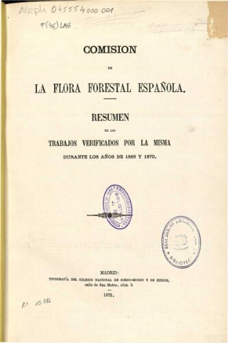Comision de la Flora forestal española [...] 1869 y 1870