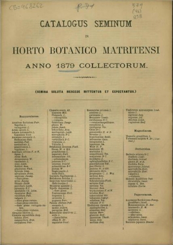 Index seminum in Horto Botanico Matritensi ... 1879
