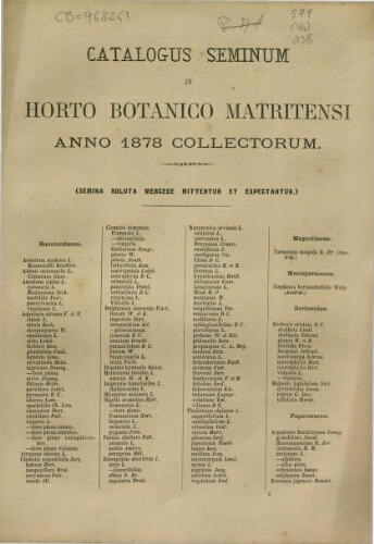 Index seminum in Horto Botanico Matritensi ... 1878