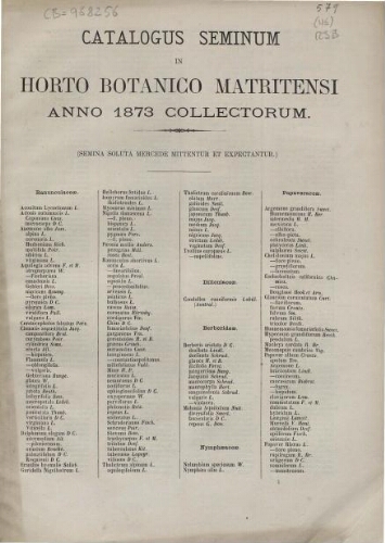 Index seminum in Horto Botanico Matritensi ... 1873