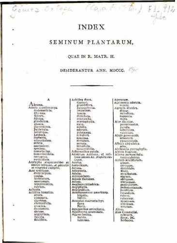 Index seminum in Horto Botanico Matritensi ... 1800