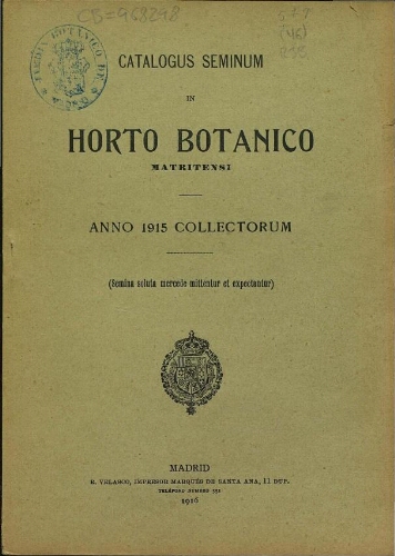 Index seminum in Horto Botanico Matritensi ... 1915