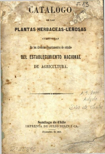 Catálogo de las plantas herbáceas-leñosas cultivadas en los diversos departamentos de estudio del establecimiento nacional de agricultura