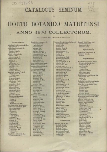 Index seminum in Horto Botanico Matritensi ... 1870