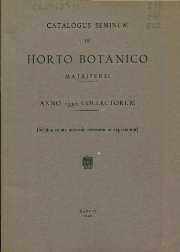 Index seminum in Horto Botanico Matritensi ... 1952